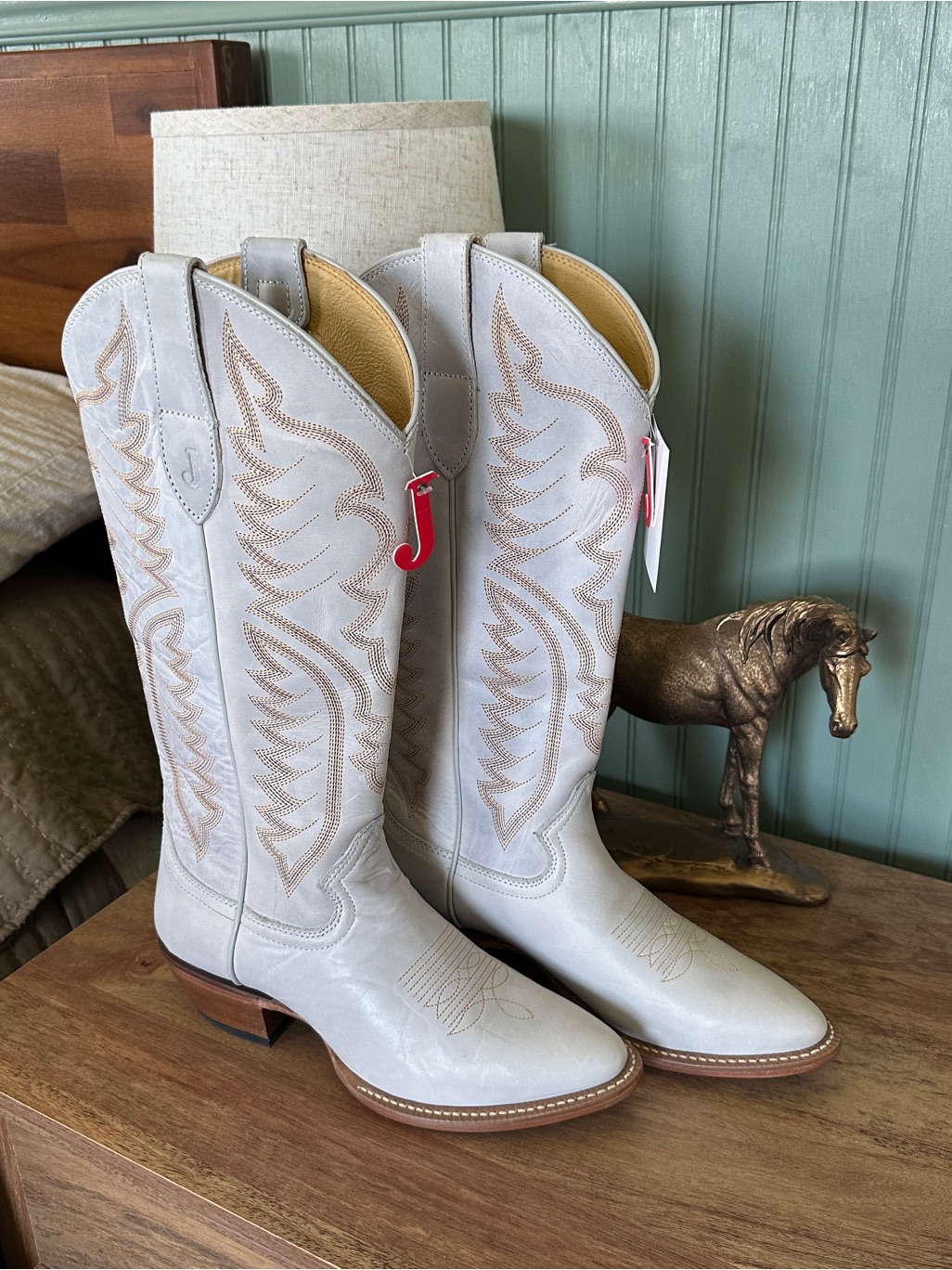 Justin/Ront Llama Boots Pale Blue Embroidered Western Heeled Boots